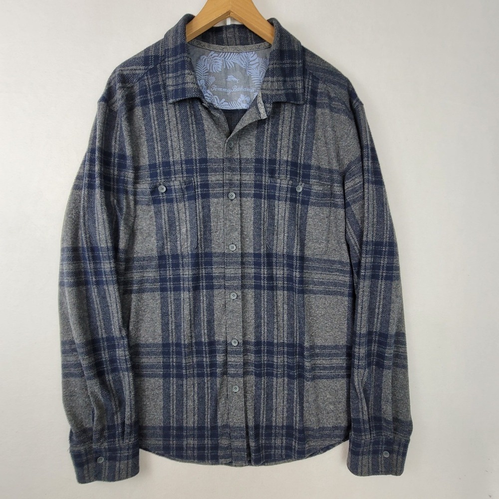 Tommy Bahama Mens 3X Gray Blue Plaid Flannel Long Sleeve Button Down Shirt - Picture 1 of 16